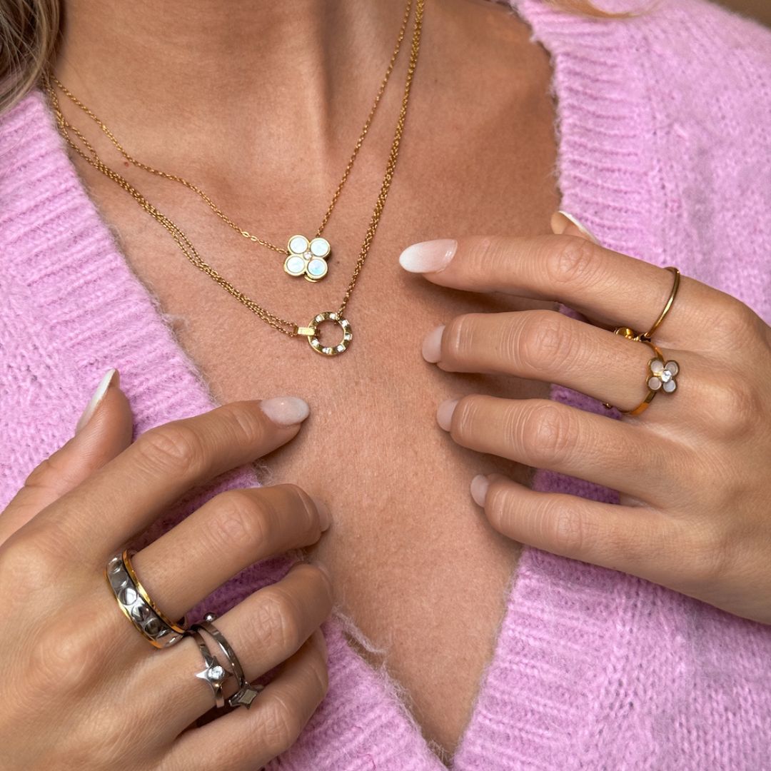 gold 4-leaf pearl clover adjustable anxiety ring