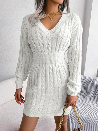 HOLLY™ - Cozy Long Sleeve V-Neck Cable Knit Sweater Dress