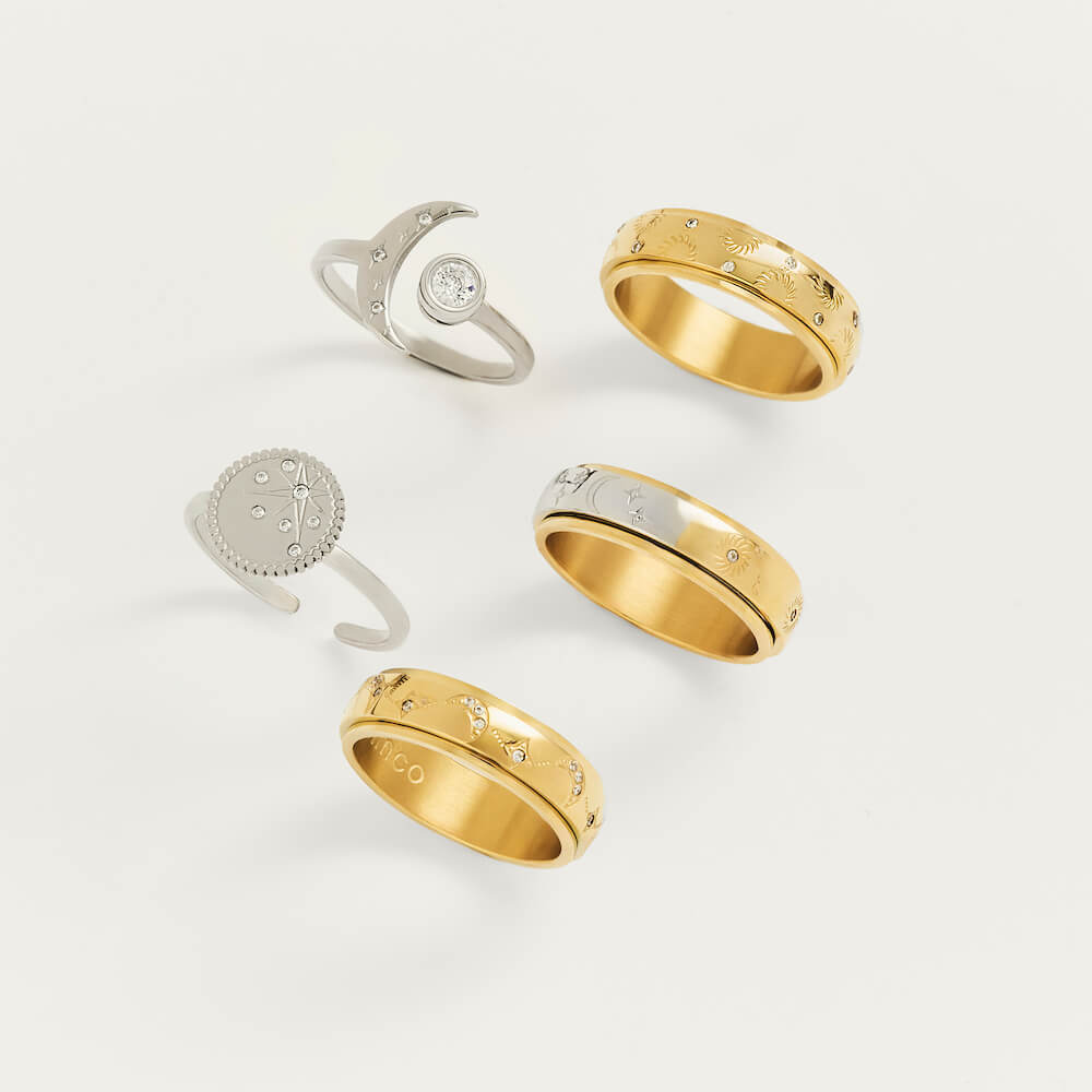 gold moon and star pattern anxiety ring