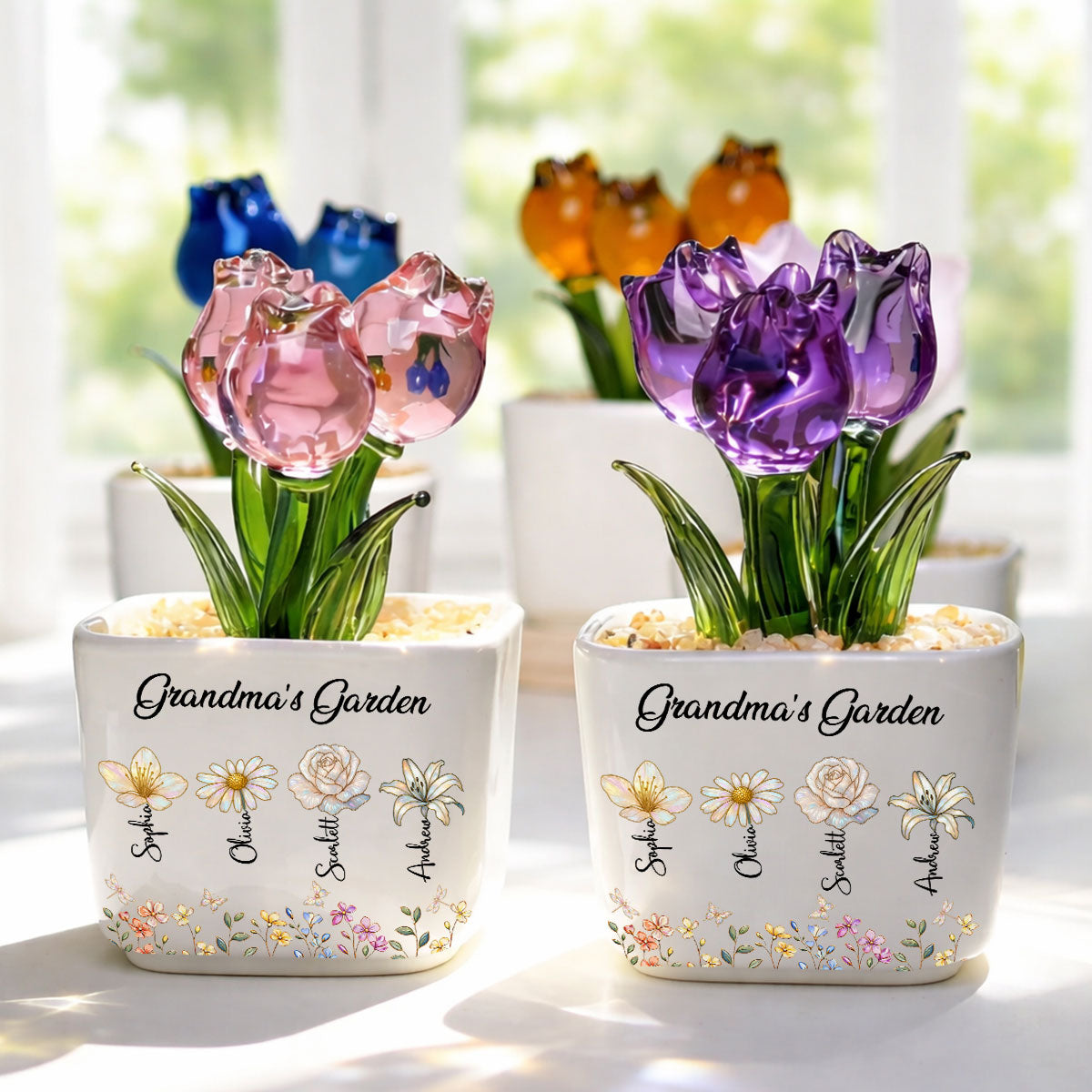 Grandma's Garden- Personalized Custom Glass Everlasting Tulips